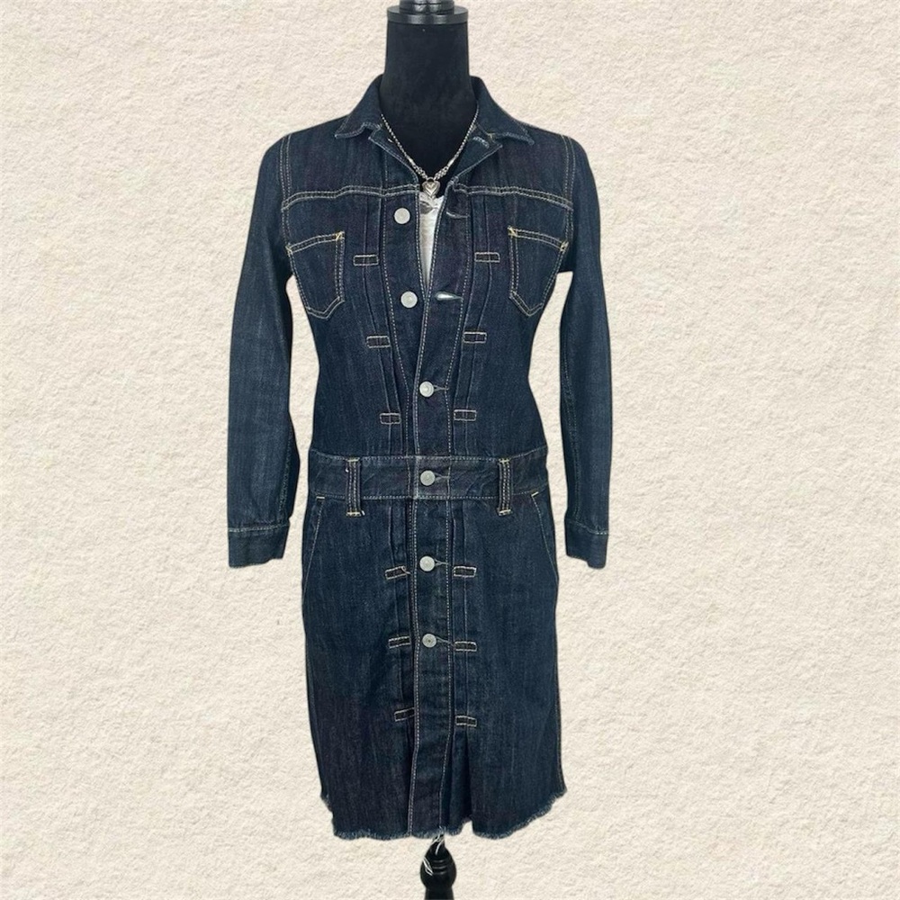 Vintage Indigo Dark Denim Distressed Button Down Jean Dress